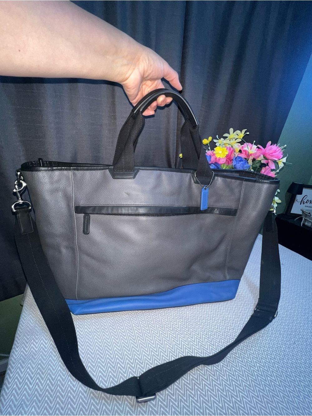 Coach Men's Gray Leather Camden Messenger Tote Bag with Blue Accent